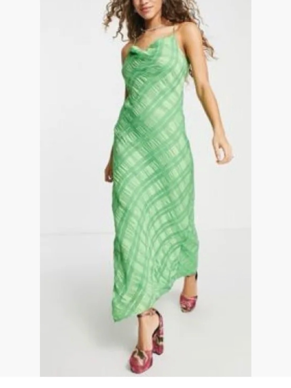 Topshop Green Sheer Check Cowl Neck Maxi Dress Size 8 NWT